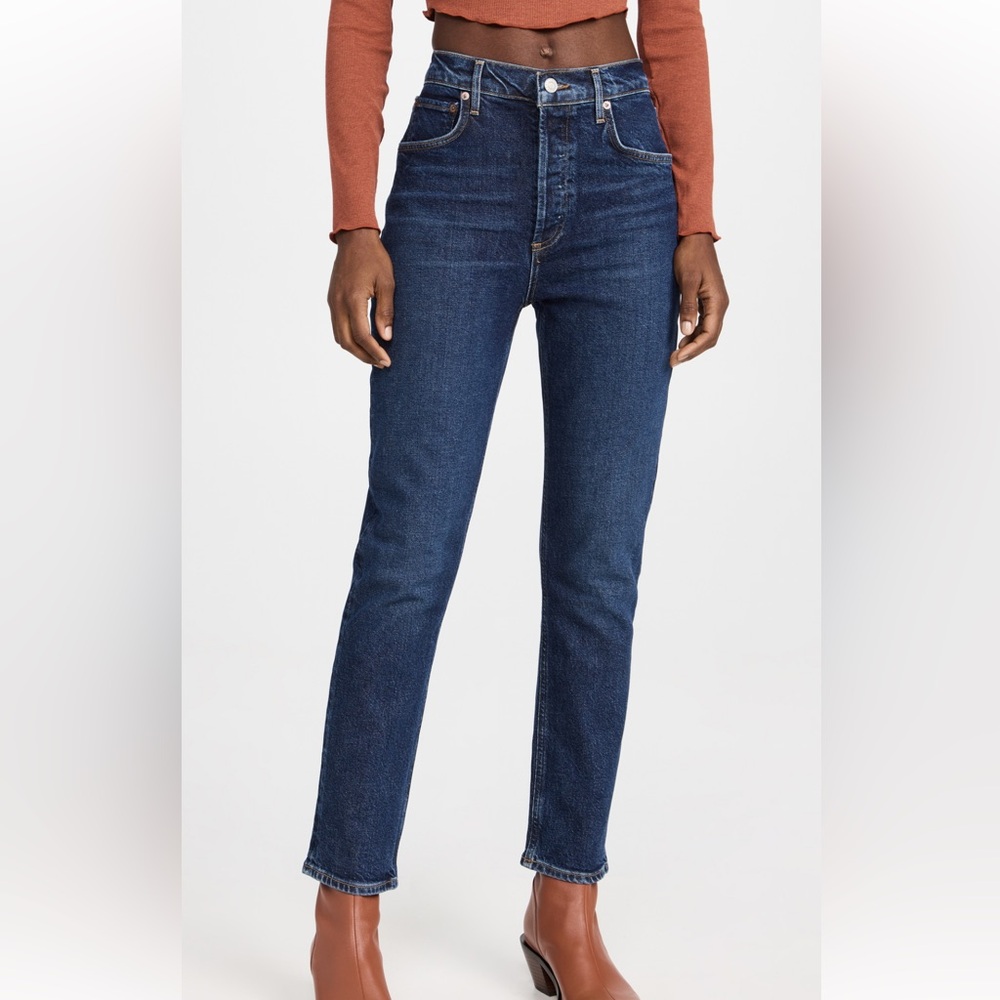 AGOLDE Riley Long High Rise Straight Jeans Divided Dark Wash Sz 27